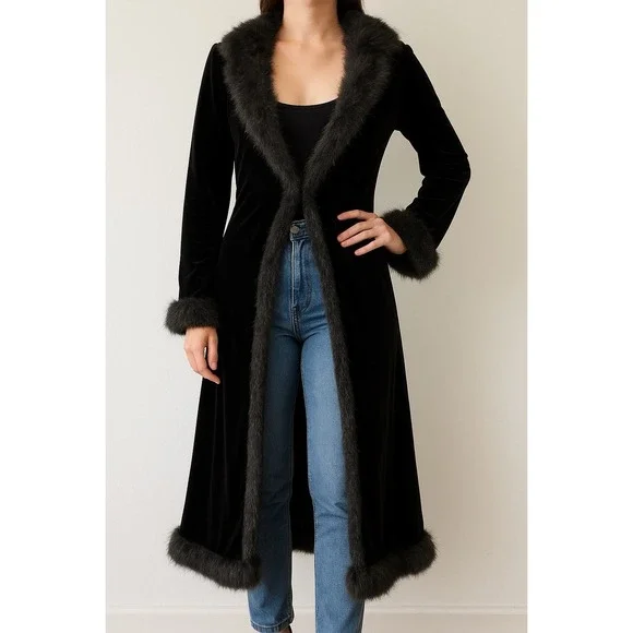 Betsey Johnson Penny Lane Coat Womens S Black Velvet Faux Fur Trim Y2K Glam - Picture 13 of 13